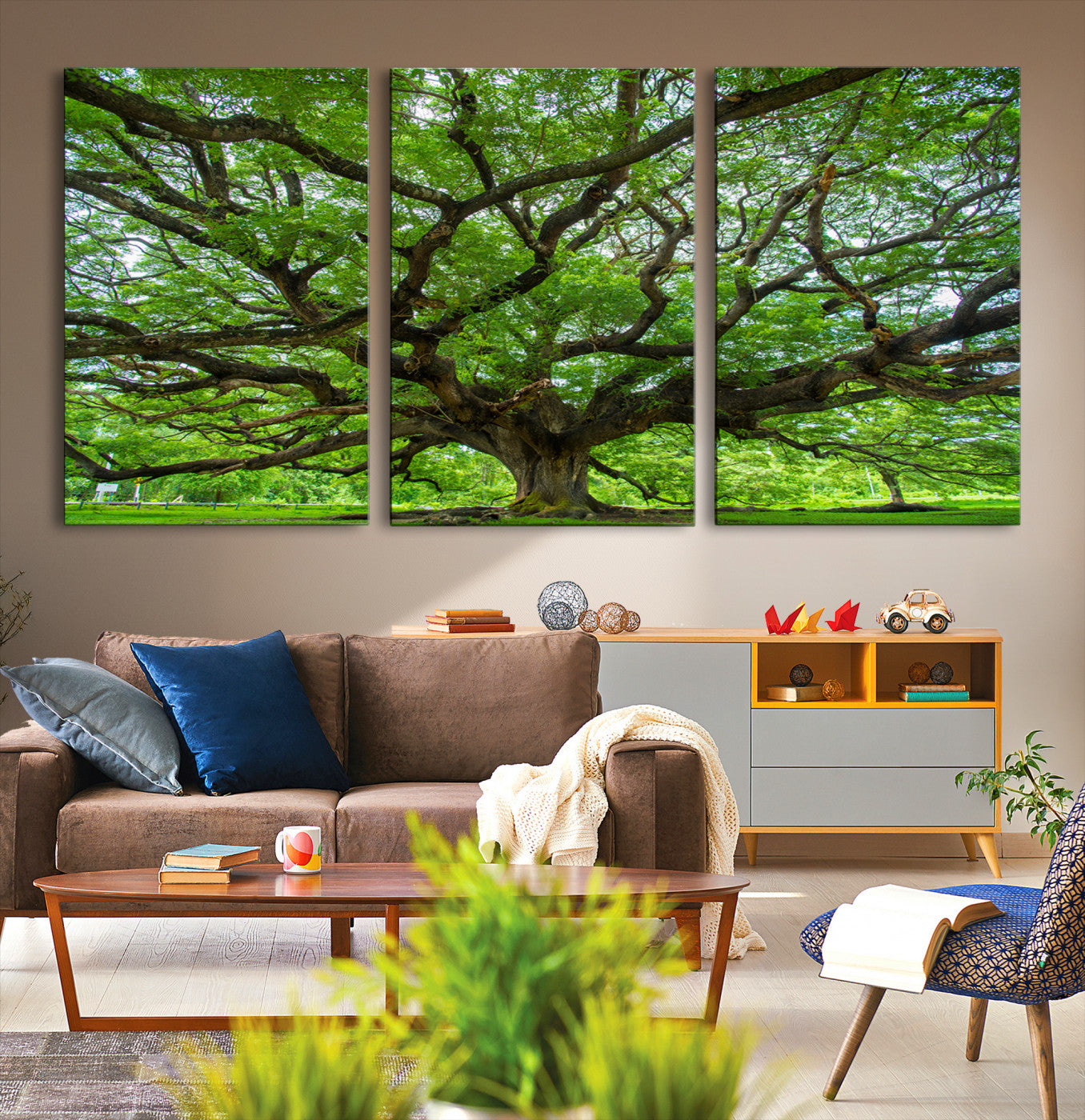 Canvas of an ancient tree with sprawling branches and vibrant green foliage, perfect for earthy, nature-inspired home decor.