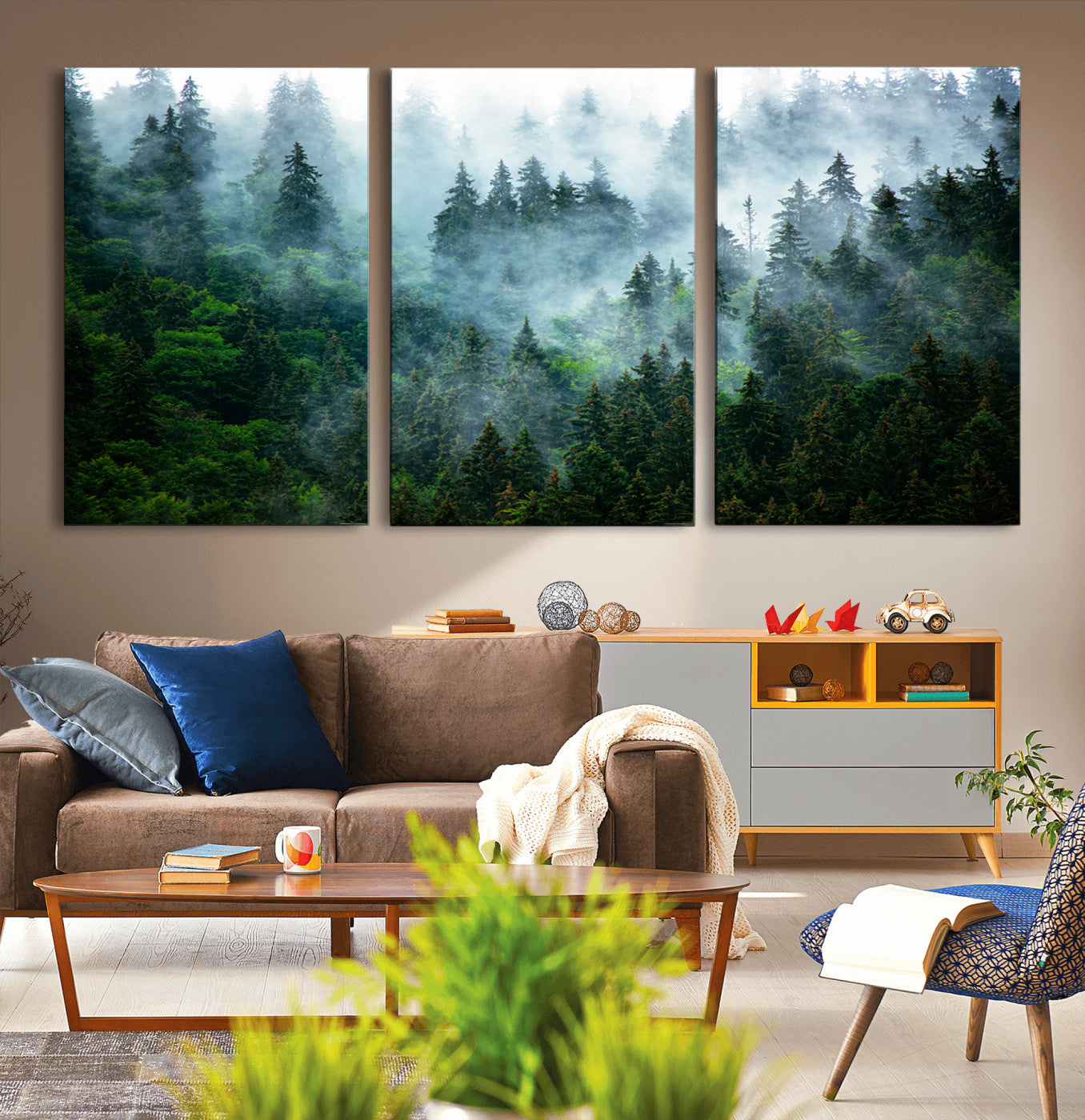 17393683-MGV-CV-36X24-Misty Forest Wall Art Canvas Print – Framed Foggy Mountain Scene with Serene Nature Artwork for Home, Office, Living Room