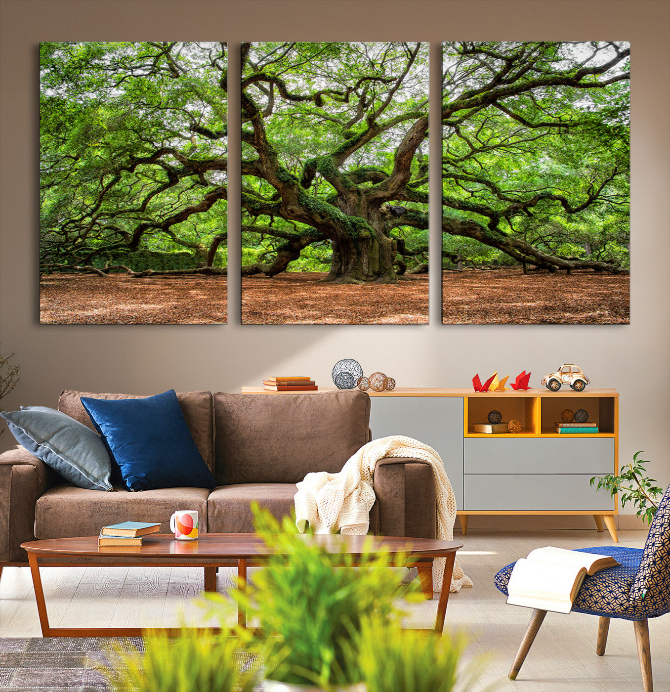 51255351-MGV-CV-48X32-3P-Majestic Oak Tree Wall Art Canvas Print – Ancient Branches and Lush Greenery Nature Landscape for Home, Office