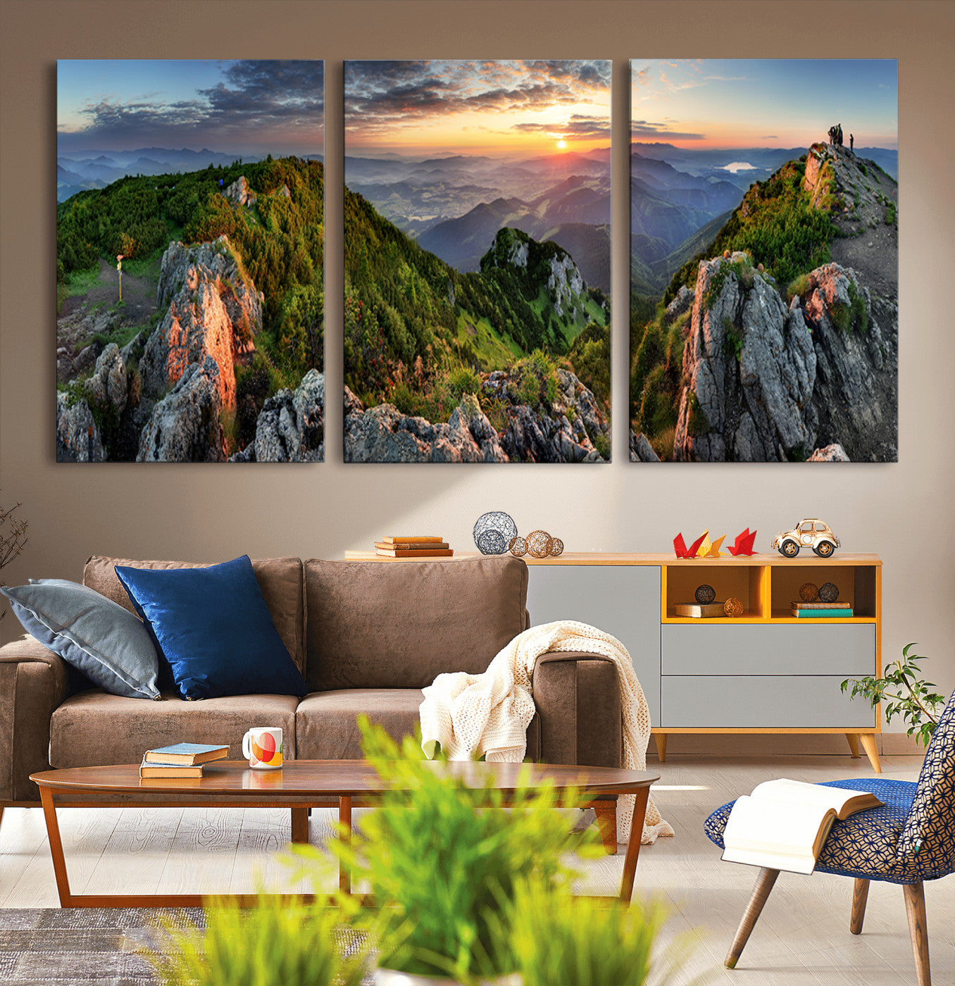 MGV-CV-60X30-3P - Mountain Sunset Panoramic Canvas Print – Scenic Wilderness Landscape, Majestic Summit , Multi-Panel