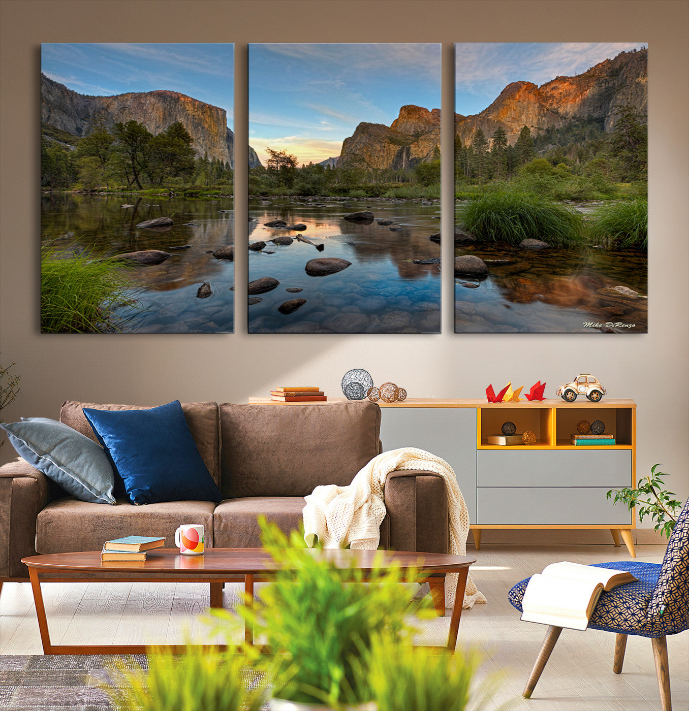 Canvas of Yosemite Valley with El Capitan and sunset reflections in a calm river, perfect for rustic or nature-themed décor.