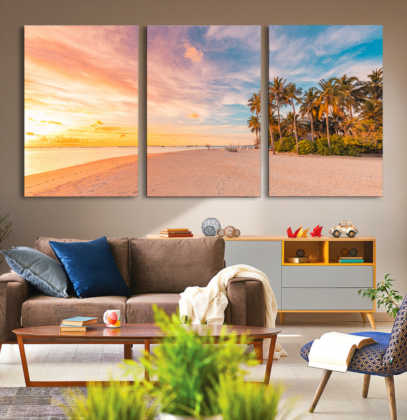 Tropical beach canvas with palm trees and soft sunset tones, ideal for coastal or beach-style home décor in warm pastel hues.