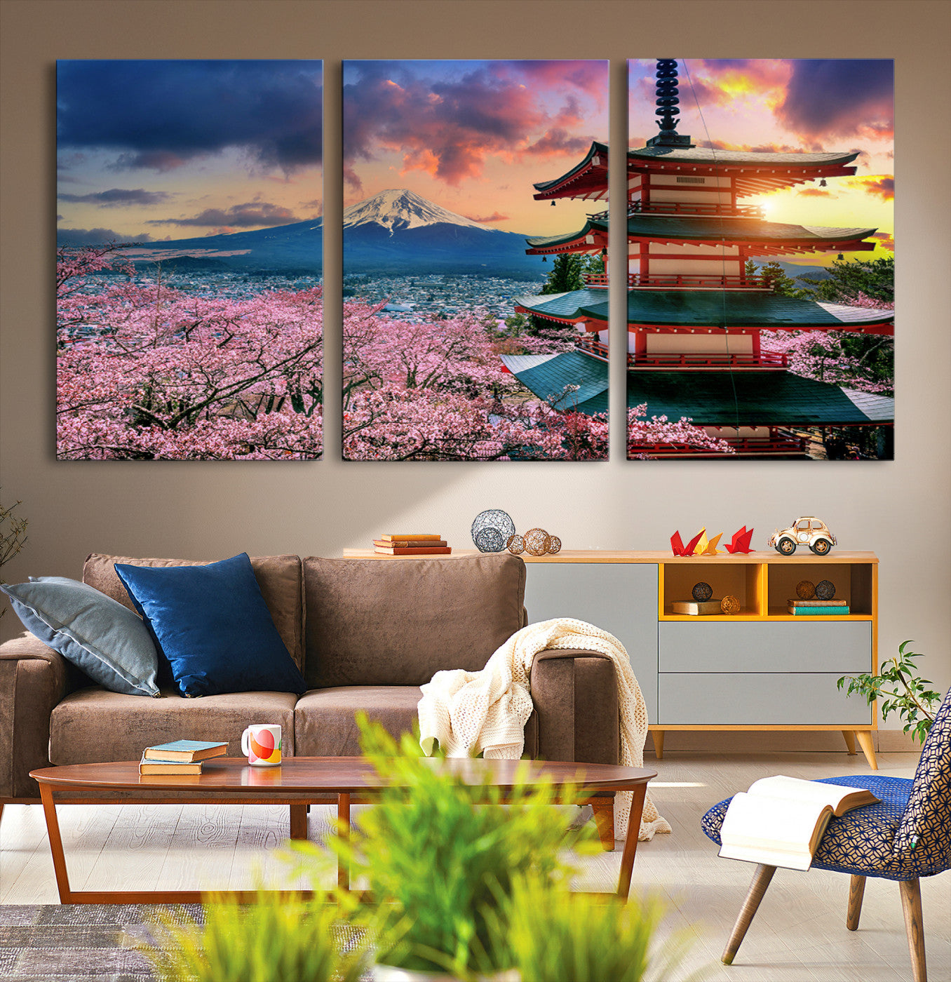 32331262-MGV-CV-48X32-3P-Mount Fuji Cherry Blossom Wall Art Canvas Print – Framed Pagoda Sunset Japan Landscape for Home, Office