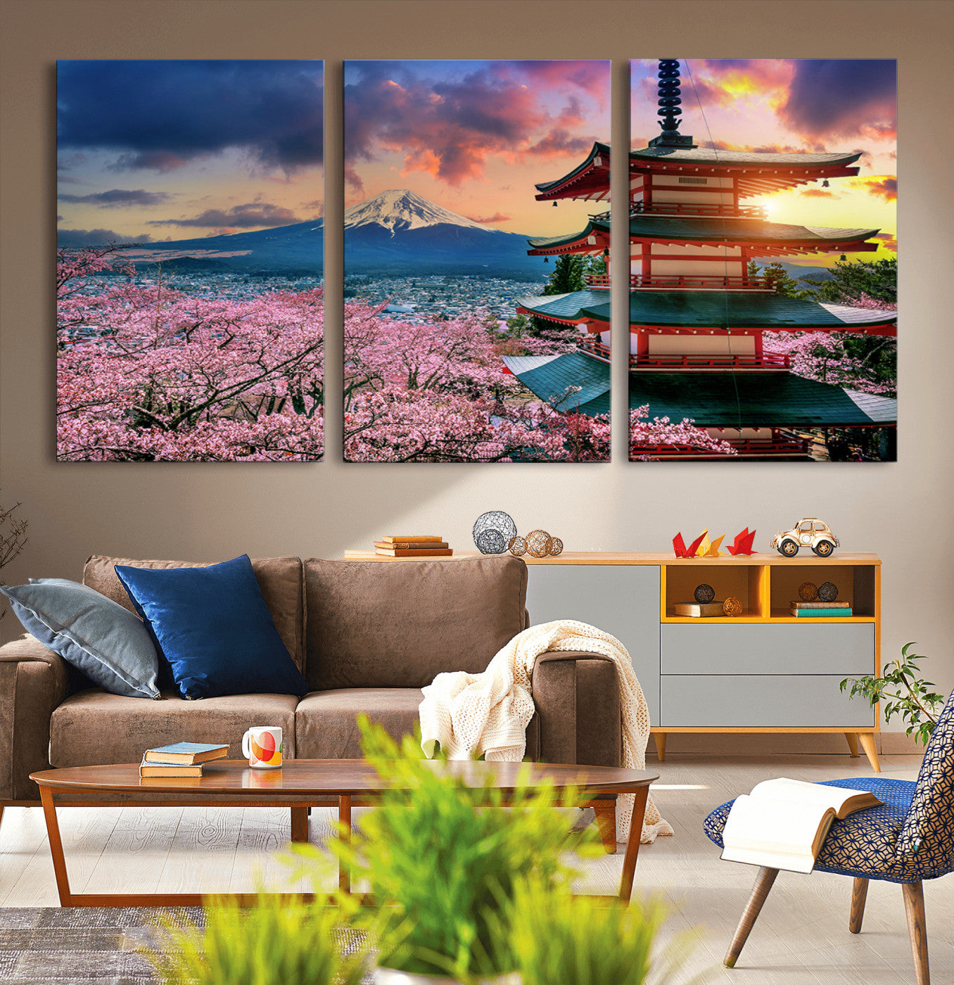 MGV-CV-60X30-3P - Mount Fuji & Cherry Blossom Wall Art Canvas Print – Iconic Japanese Landscape, Sakura Pagoda Sunset,