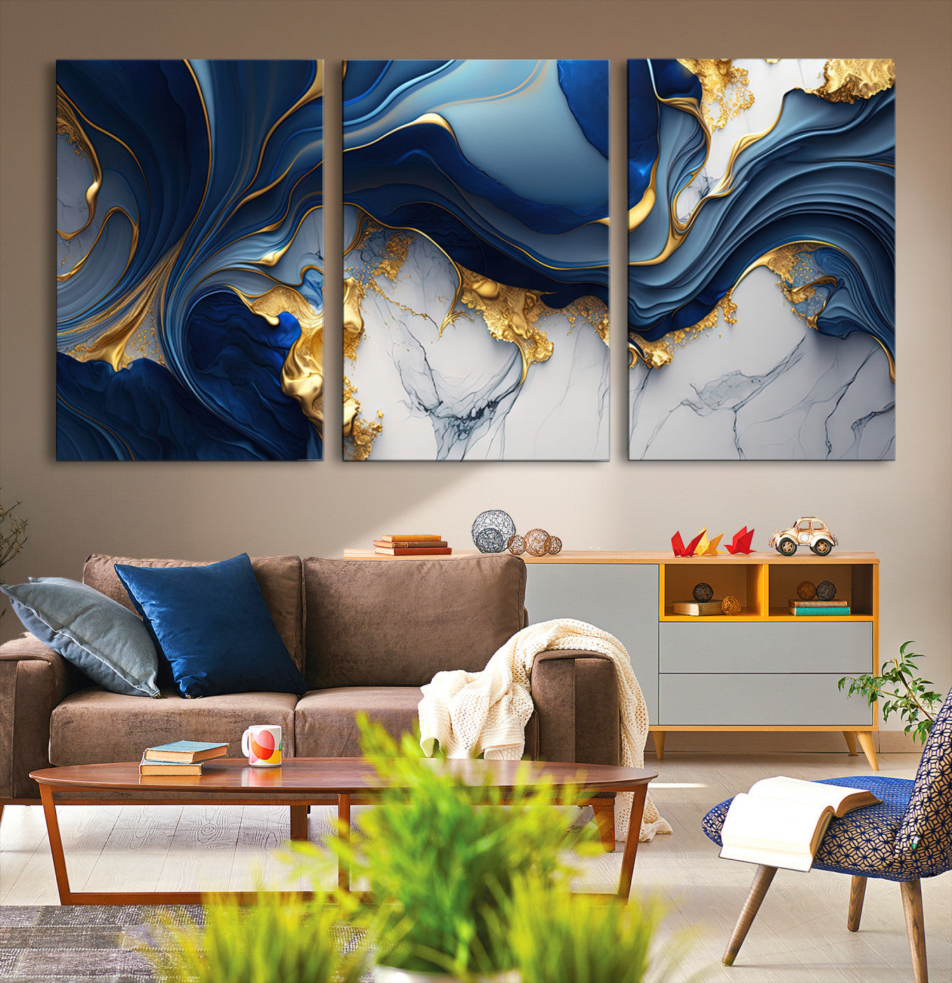 Canvas art with swirling blue marble and gold textures, ideal for elegant glam or modern luxury interior design settings.