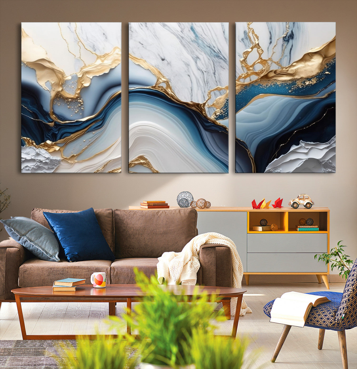 Abstract canvas with blue marble textures and flowing gold veins, ideal for modern luxury or coastal-inspired interior decor.