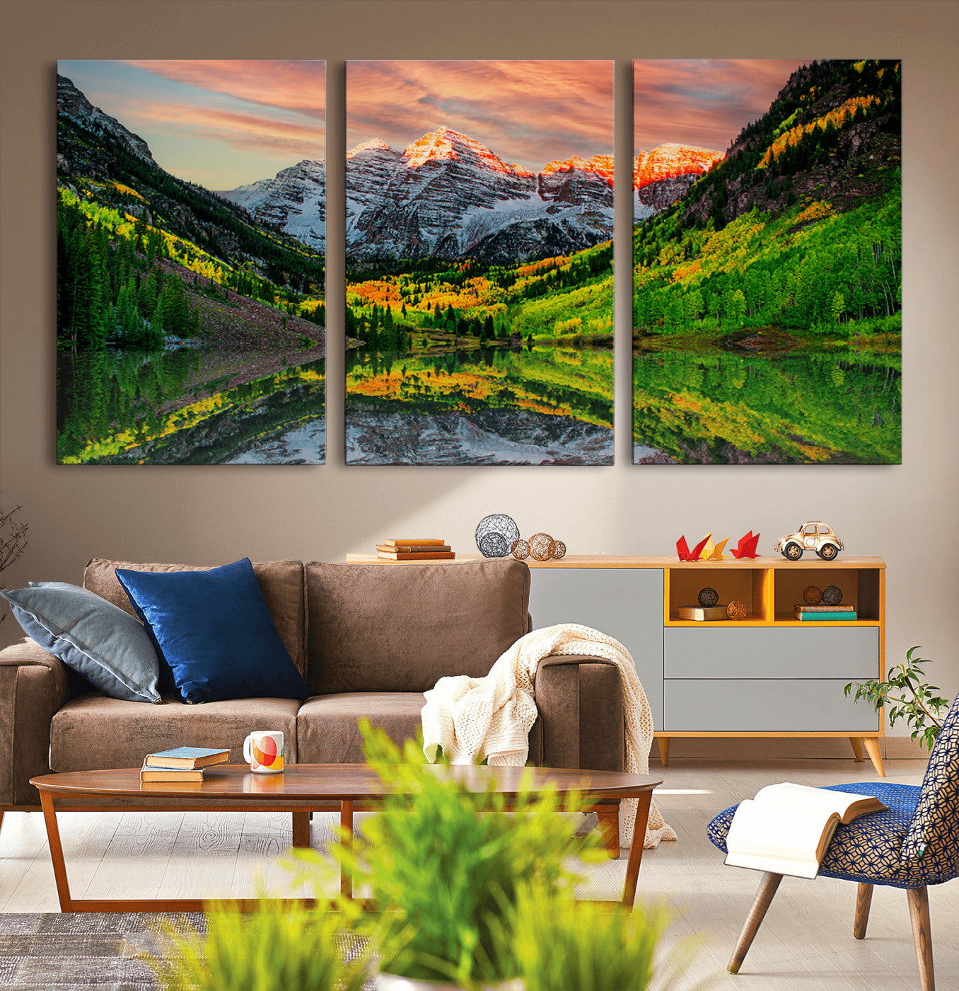 59533484-MGV-CV-36X24-Maroon Bells Lake Wall Art Canvas Print – Framed Majestic Colorado Mountain Scene with Autumn Reflection Artwork for Home, Office