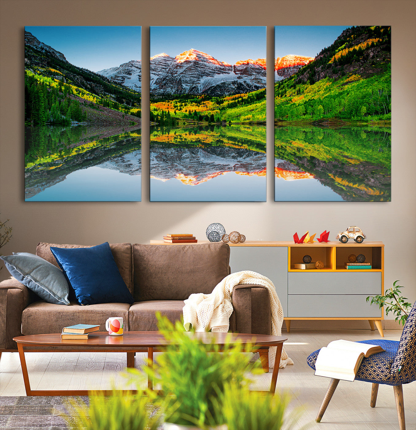 17996974-MGV-CV-48X32-3P-Majestic Snow-Capped Peaks Wall Art Canvas Print, Vibrant Autumn Forest and Crystal Lake View for Home, Office