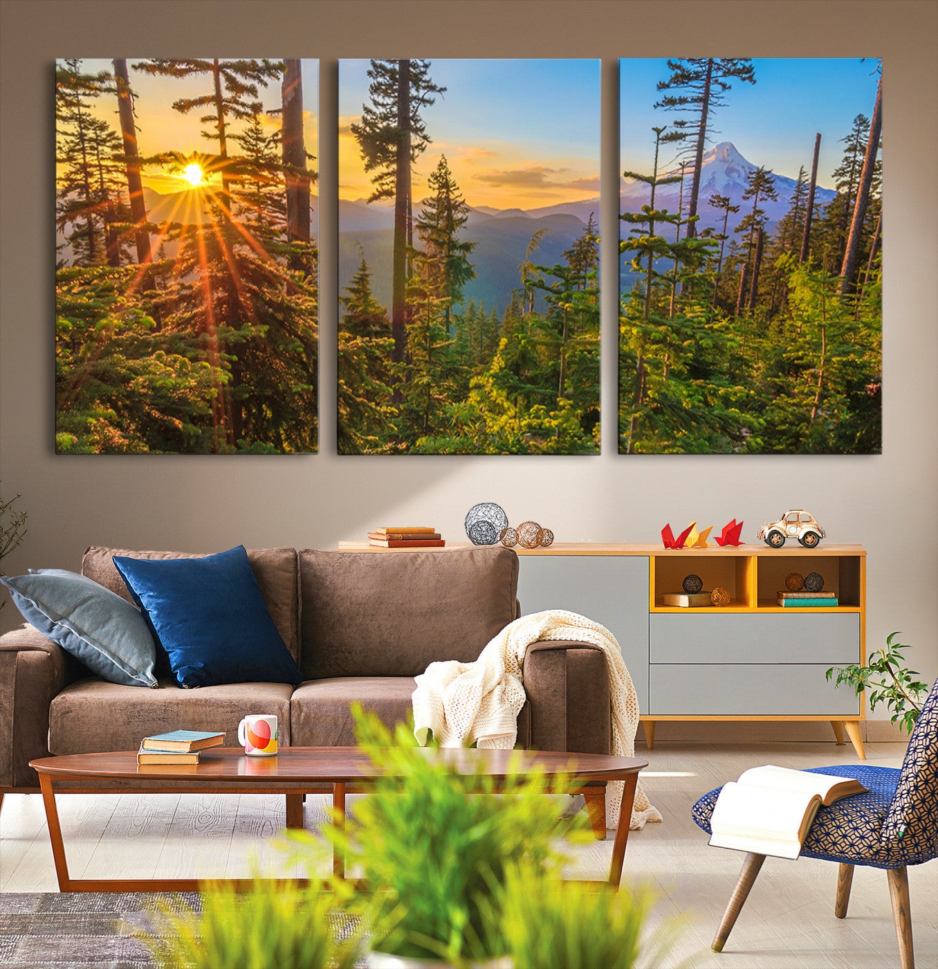 Colorful canvas of Mount Hood and Oregon forest at sunset, featuring sunburst light and lush pine trees for rustic nature decor.