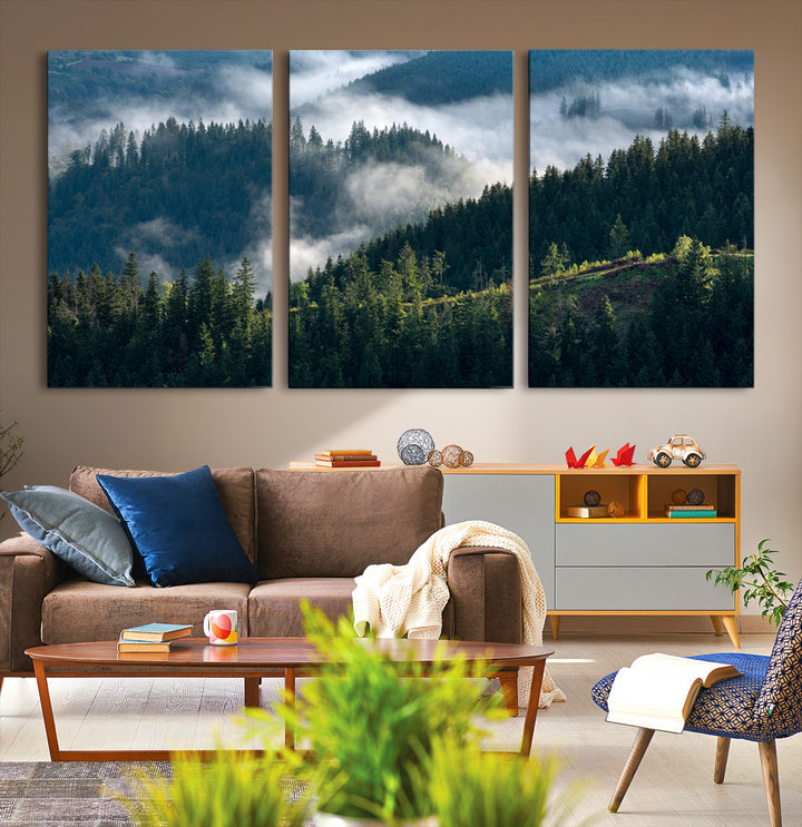 Misty Forest Wall Art Canvas Print, Framed Pine Hills Art Picture Print, Moody Hills Perfect Moody Woodland Decor Artwork