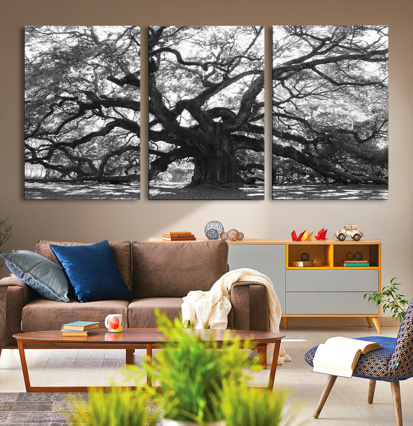 Black and white canvas of an ancient oak tree with sprawling, twisted branches, ideal for moody nature-inspired or rustic decor.