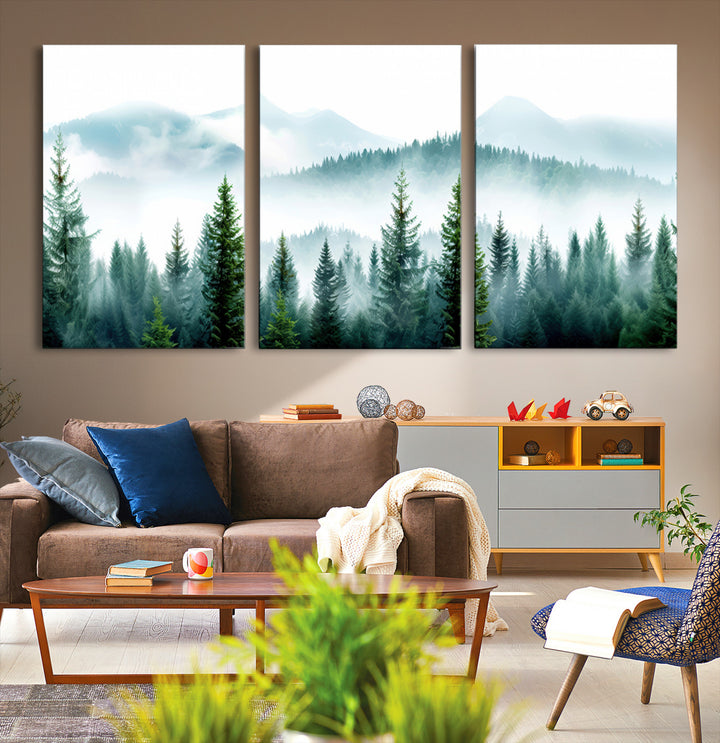 Pine Forest Wall Art Canvas Print, Framed Misty Mountains Art Picture Print, Foggy Trees Perfect Moody Forest Decor Artwork