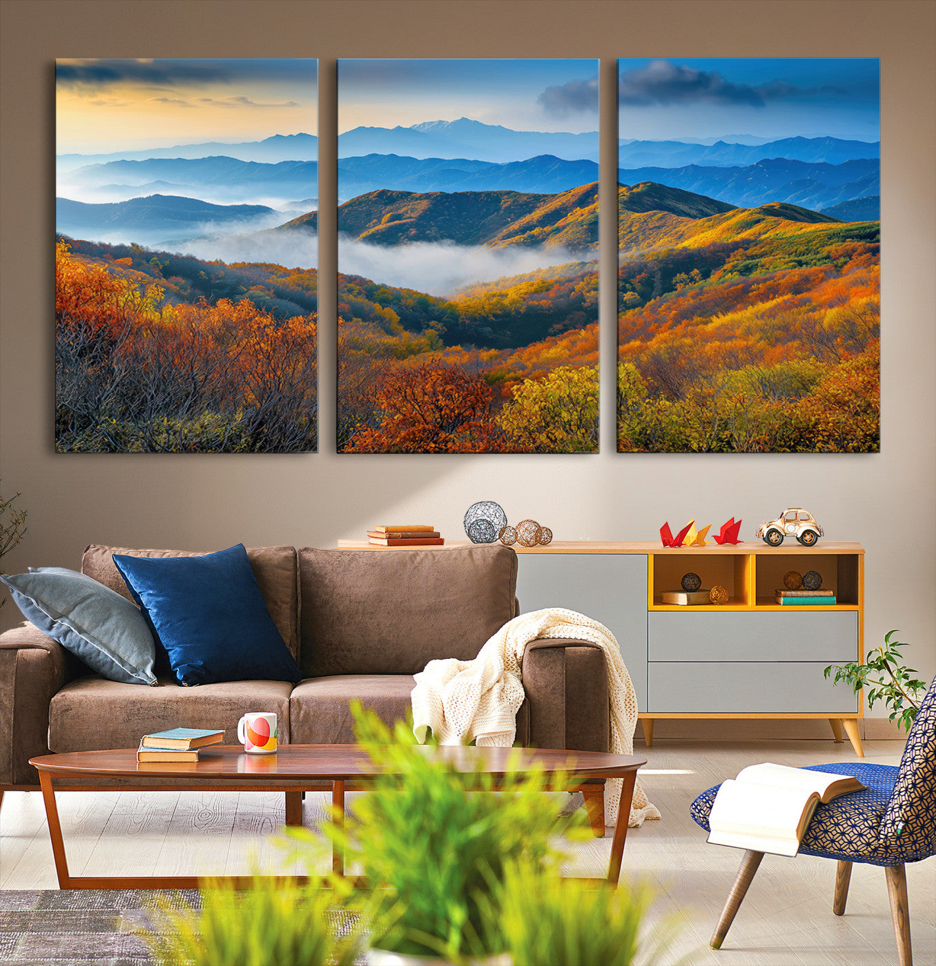 86772247-MGV-CV-36X24-Autumn Mountains Wall Art Canvas Print – Foggy Peaks Colorful Foliage Serene Landscape Nature Artwork for Home Office