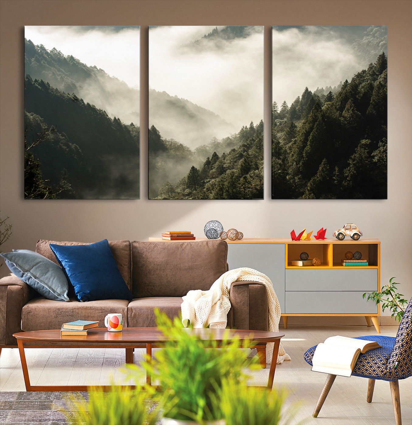 Canvas showing a misty pine forest valley with layered green hills and soft fog, perfect for moody or nature-themed decor styles.