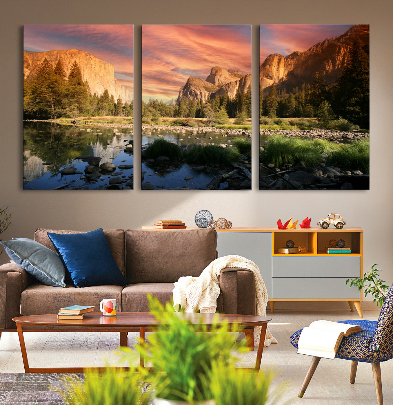 Canvas of Yosemite Valley with El Capitan and sunset sky, featuring vibrant tones ideal for rustic or nature-inspired home decor.