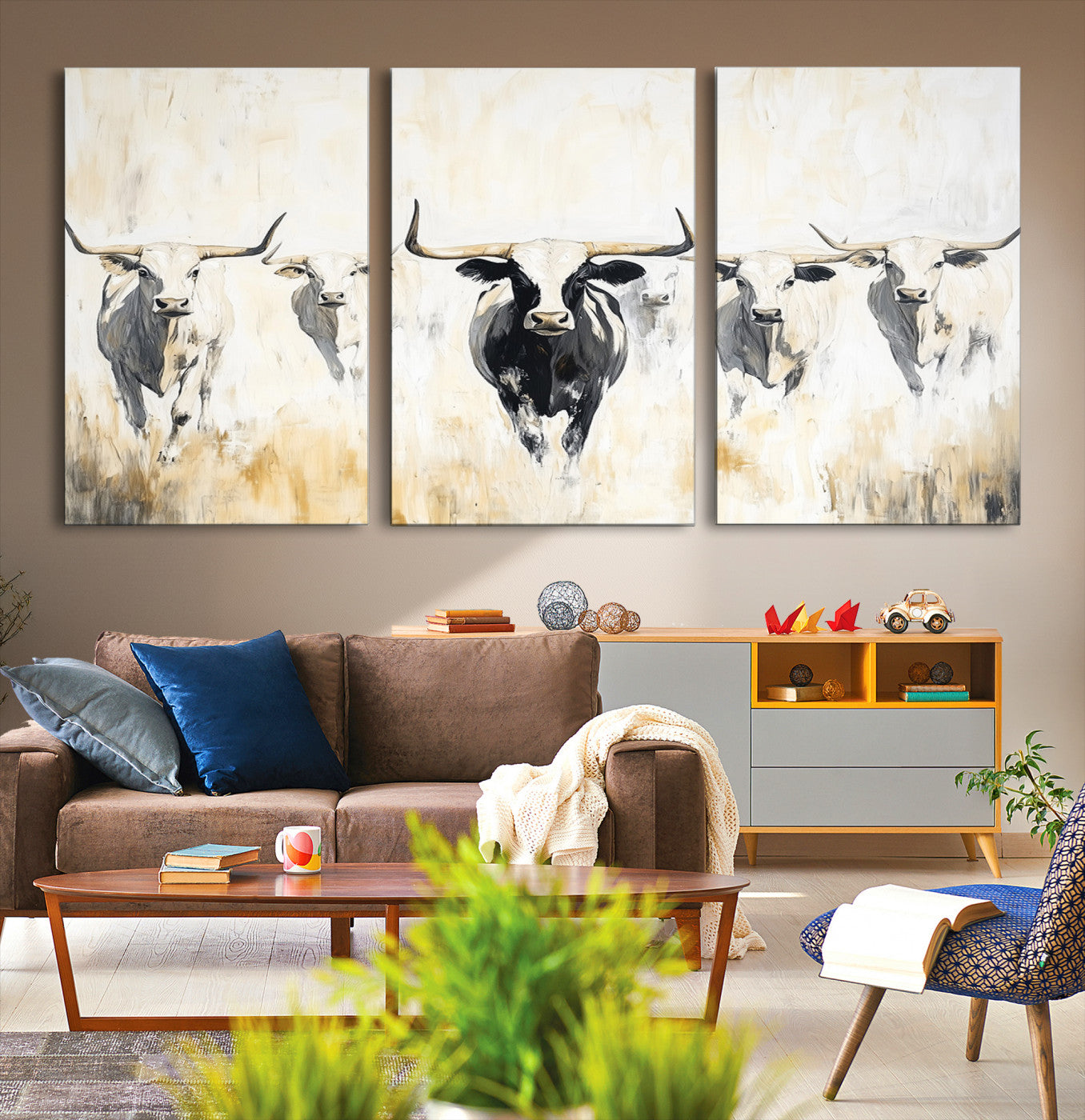 40397799-MGV-CV-36X24-Texas Longhorn Wall Art Canvas Print – Rustic Western Bull Herd Neutral Tones Country Ranch Artwork for Home Office