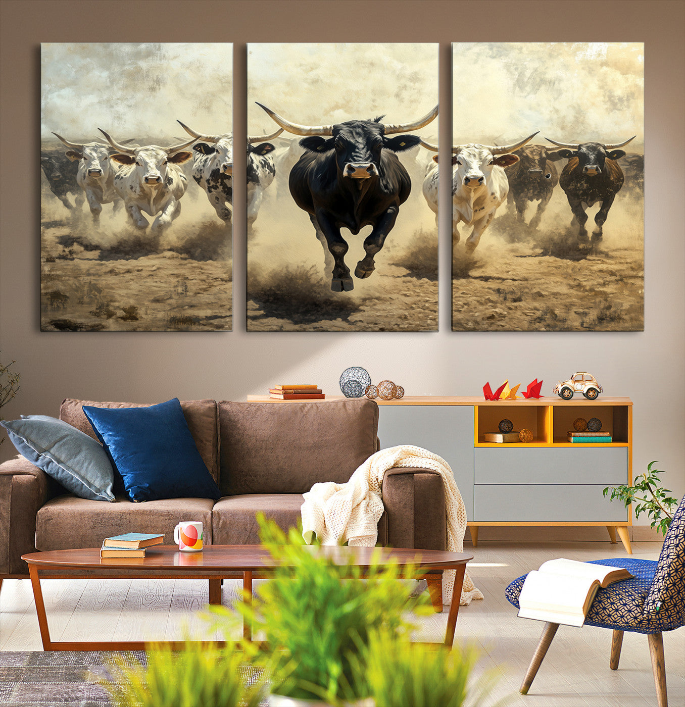 Dynamic canvas showing a Texas Longhorn stampede with earthy tones and bold movement, perfect for rustic or Western-style interiors.