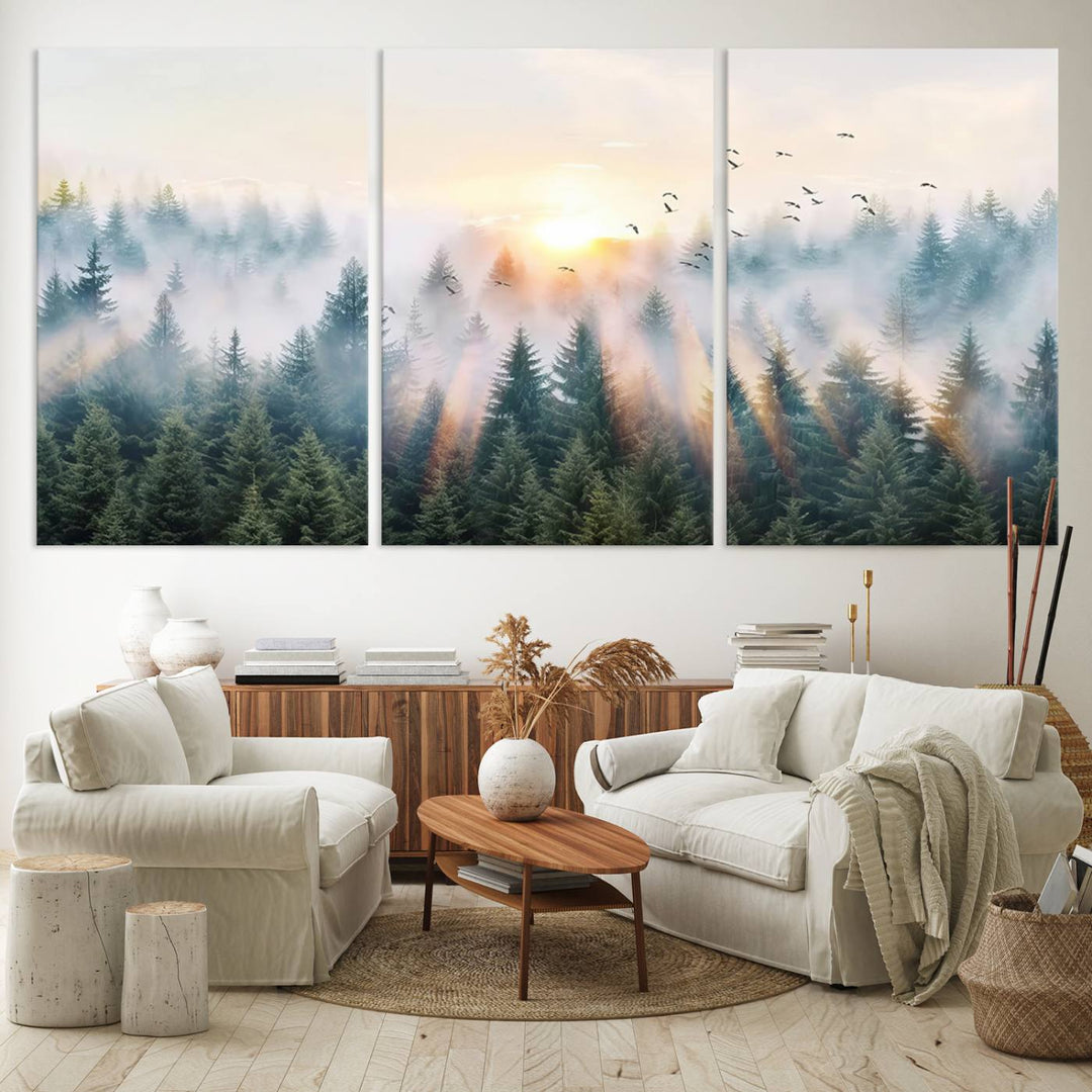 Misty Pine Forest Wall Art: A depiction of sunrise over foggy trees and birds against a bright sky; a framed woodland scene ideal for home or office decor.