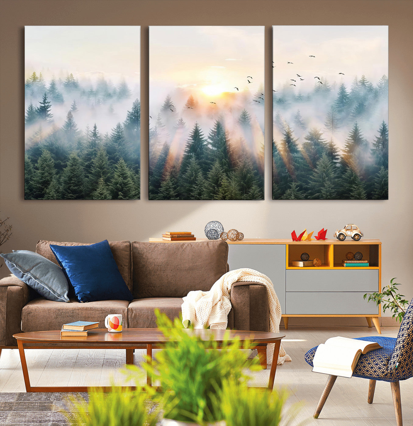 MGV-CV-60X30-3P - Misty Pine Forest Wall Art Canvas, Sunrise Over Foggy Trees Canvas for Home - Office, Framed