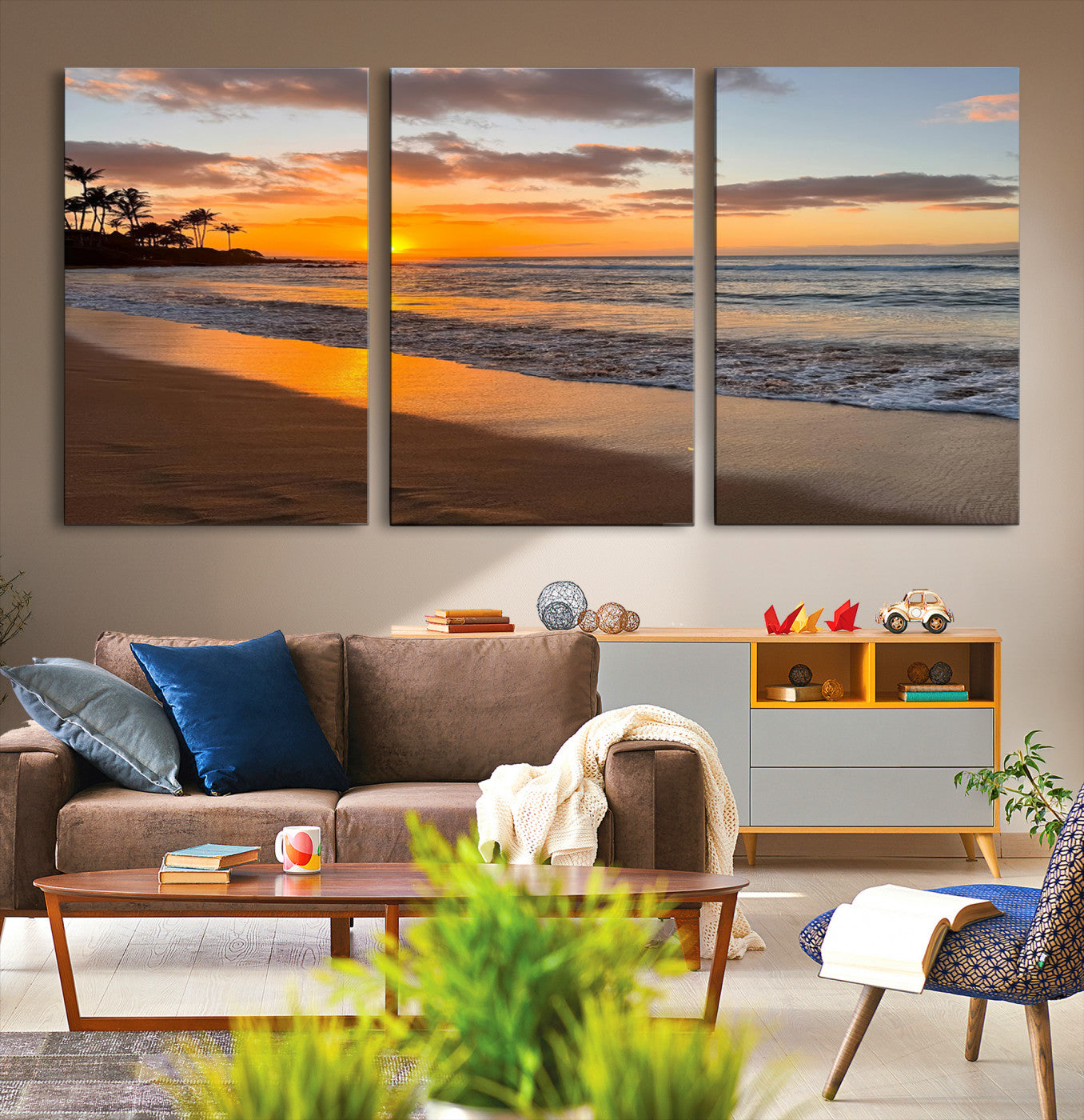 Canvas of a tropical beach at sunset with golden reflections and palm trees, perfect for vibrant coastal or island-style decor.
