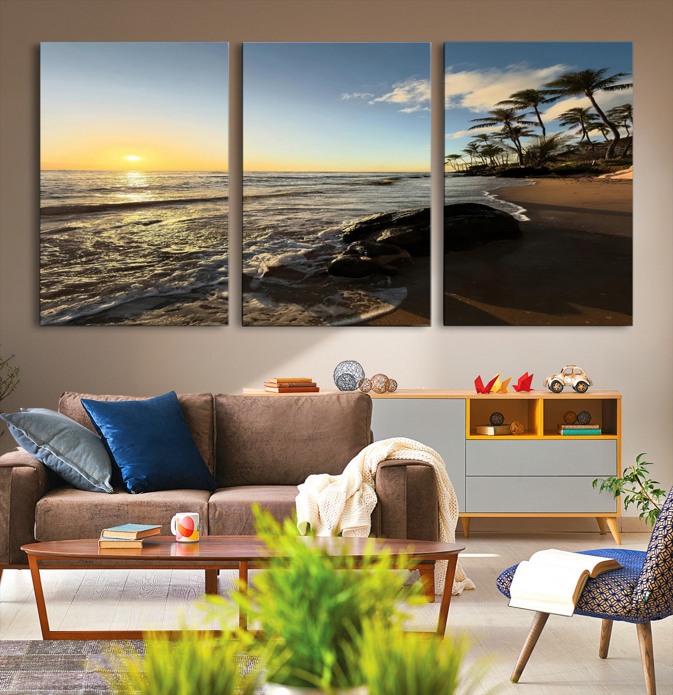 Canvas of a golden sunset on a tropical beach with palm trees and calm waves, perfect for coastal or island-themed home decor.