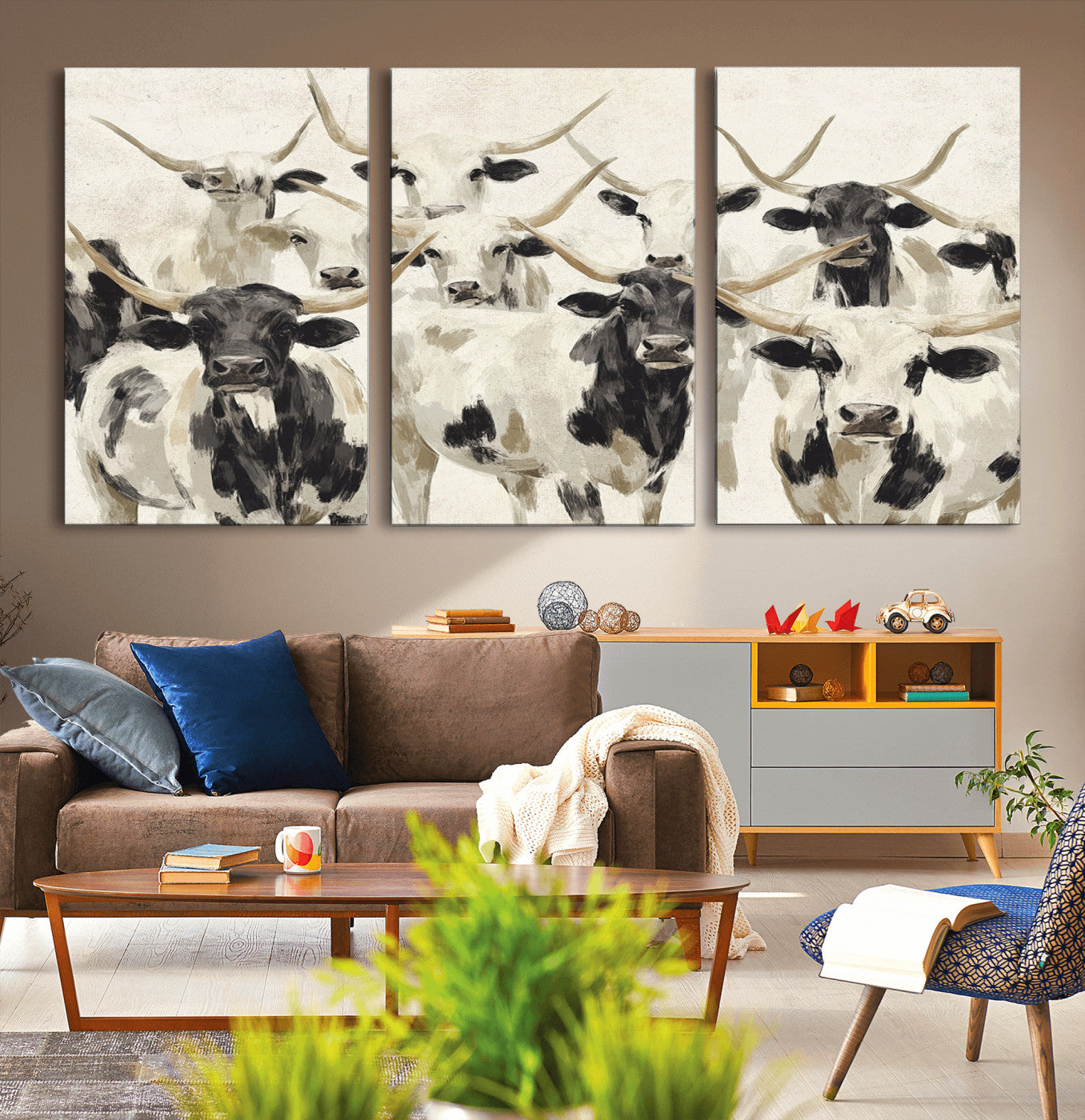 MGV-CV-60X30-3P - Longhorn Texas Cow Drawing Abstract Wall Art Canvas Print for Farmhouse Decor, Texas Bull Printing