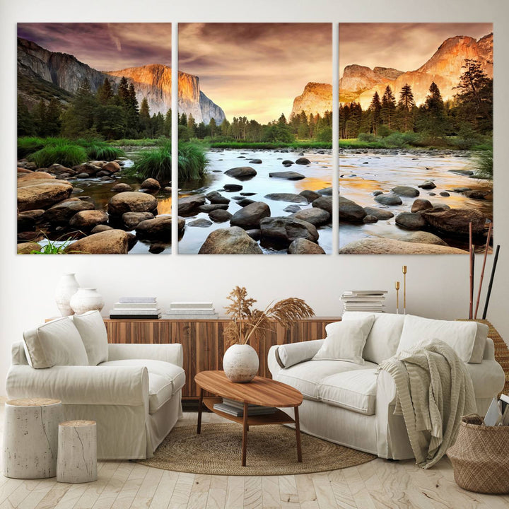 A tranquil riverside sunset mirrors the beauty of a Yosemite wall art masterpiece like the Large El Capitan Print.