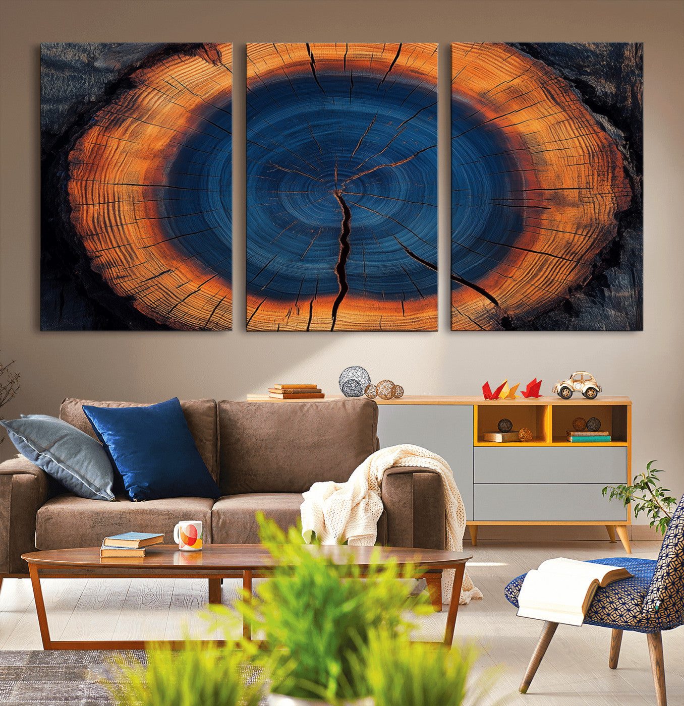 MGV-CV-60X30-3P - Abstract Tree Ring Wall Art Print, Natural Rustic Wood Texture Canvas Print, Framed Tree Ring Printing, Wood Tree Stump Artwork Canvas Print