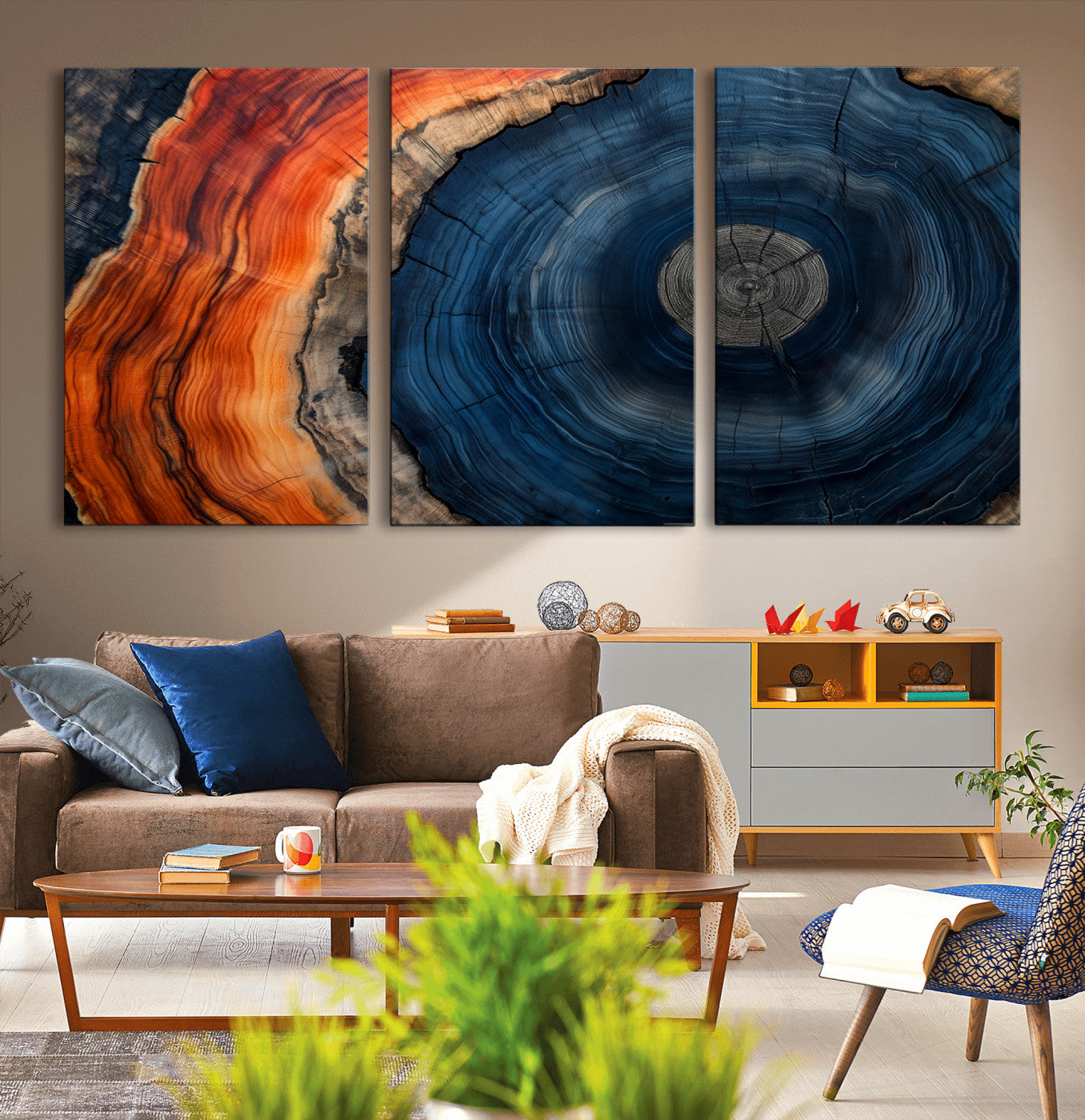 MGV-CV-60X30-3P - Tree Rings Wall Art Canvas Print, Rustic Wood Print, Framed Natural Texture Art Print, Wood Grain