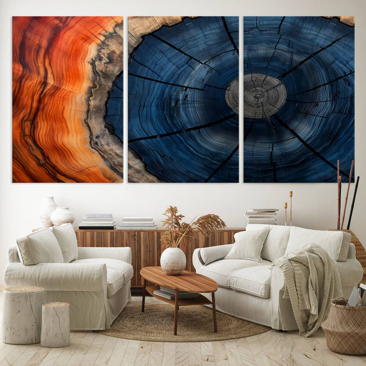 Abstract Tree Rings Canvas Print with vibrant colors—ideal farmhouse wall art for a woodland-themed home.