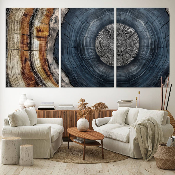 Close-up of the Abstract Tree Rings Wall Art Print featuring shades of blue, brown, and gray.