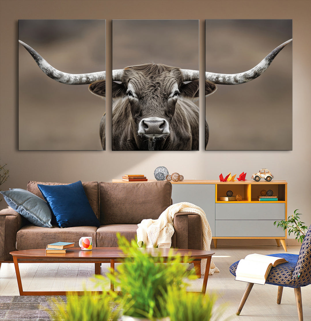 The Framed Texas Longhorn Bull Art Canvas Print adds timeless elegance to the serene setting.