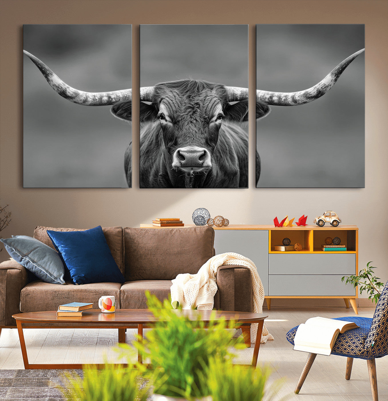 81228550-MGV-CV-36X24-Texas Longhorn Wall Art Canvas Print – Framed Western Bull Ranch Photography Rustic Country Farm Decor Artwork for home, office