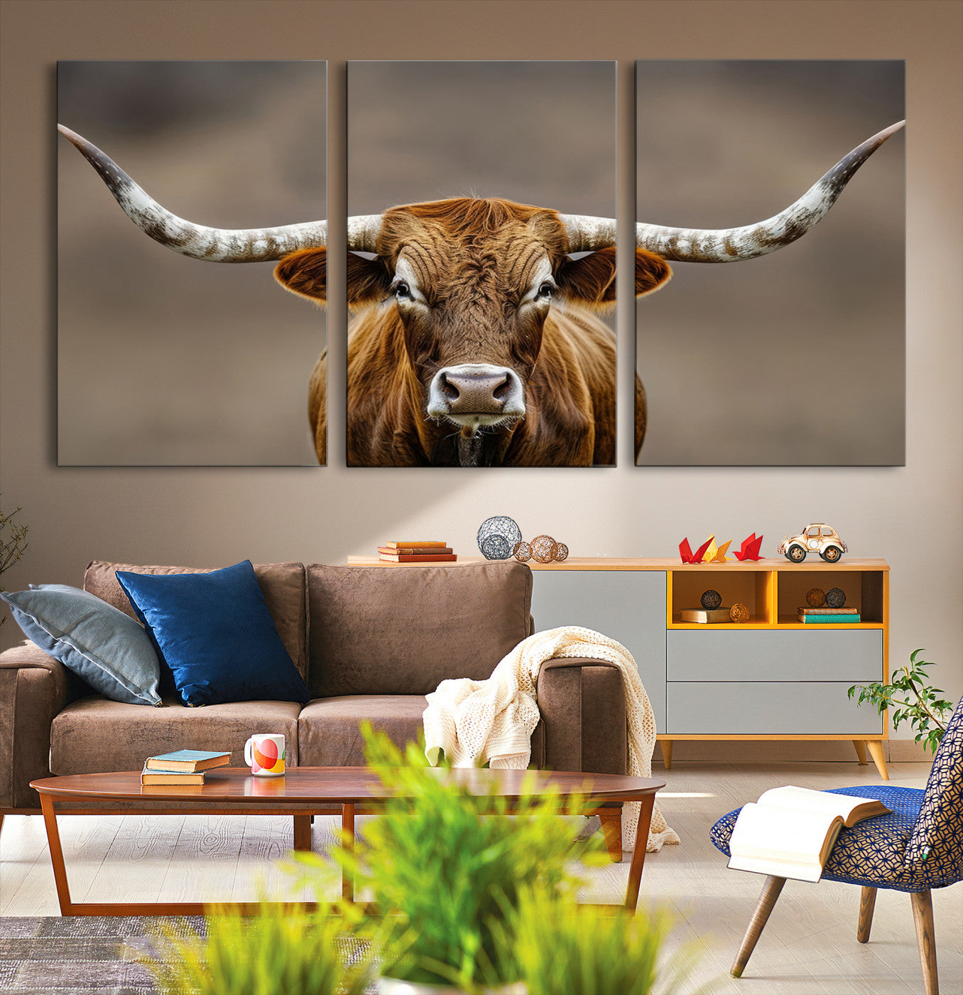 12179171-MGV-CV-36X24-Texas Longhorn Wall Art Canvas Print – Brown Bull Rustic Ranch Western Cattle Nature Artwork for Home Office