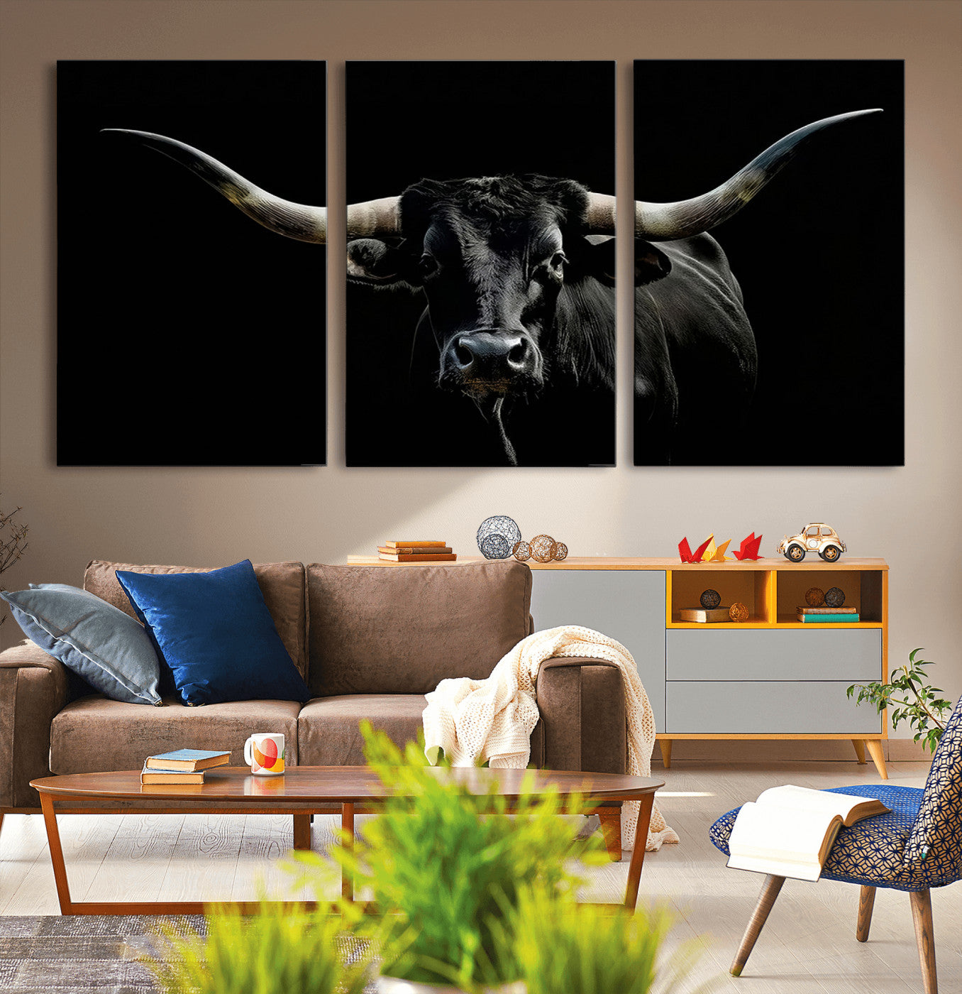 MGV-CV-60X30-3P - Texas Black Bull Wall Art Print, Longhorn Bull Canvas Wall Art