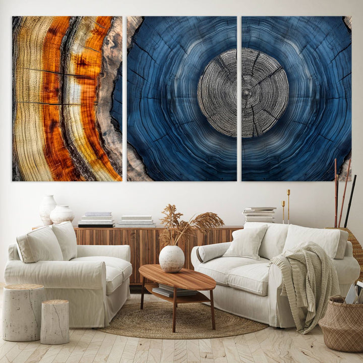 Vibrant Abstract Tree Rings in Orange, Brown, and Blue - Canvas Print for Nature Woodland Wall Decor.