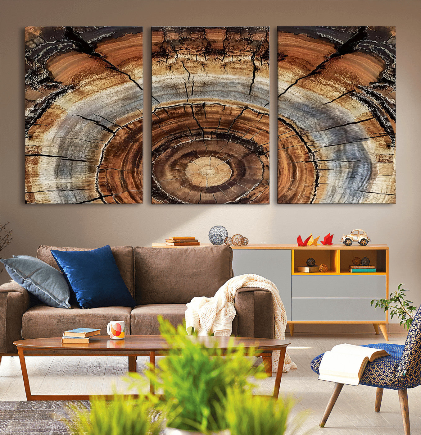 15184146-MGV-CV-36X24-Tree Rings Wall Art Canvas Print – Rustic Wood Texture Natural Grain Organic Pattern Earthy Artwork for Home Office