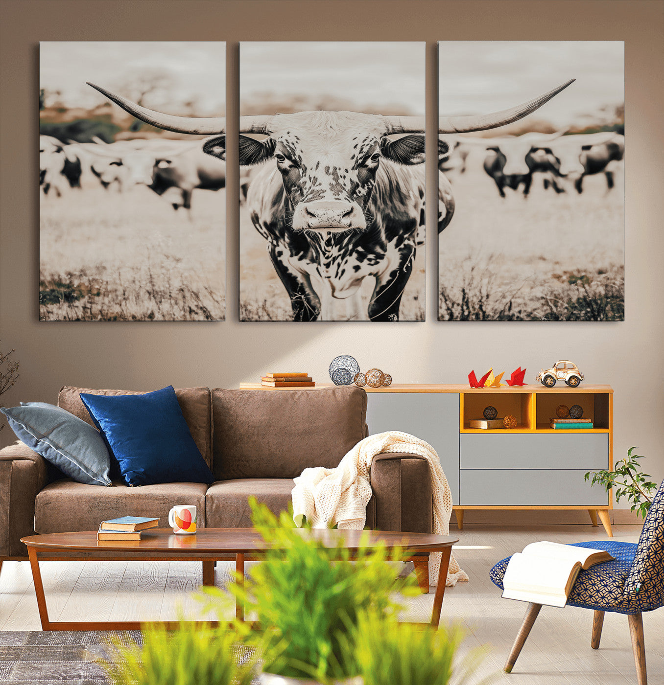 MGV-CV-60X30-3P - Texas Longhorn Wall Art Canvas Print, Framed Speckled Cow Art Picture Print, Horned Cattle Perfect Rustic Western Decor Artwork