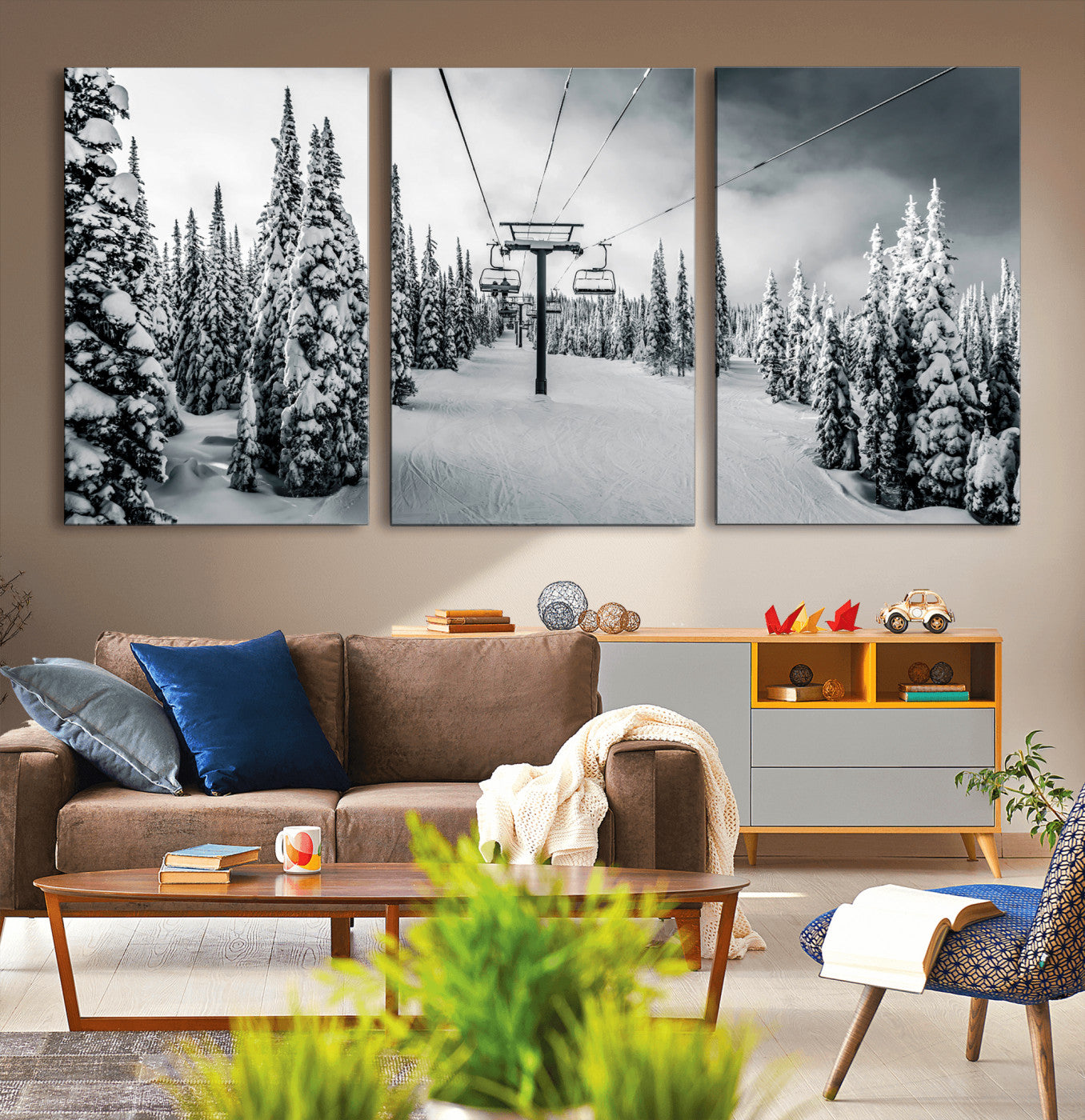 31156828-MGV-CV-36X24-Snowy Pines Wall Art Canvas Print – Framed Ski Lift Winter Forest Snowy Landscape Moody Lodge Artwork for Home, Office