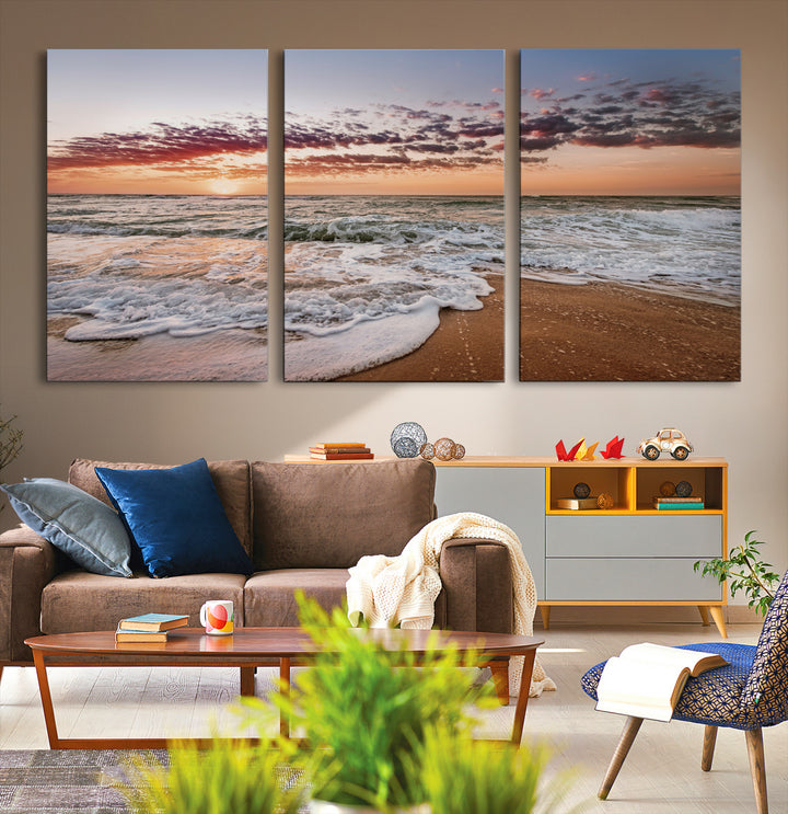 Ocean Sunset Wall Art Canvas Print, Framed Sandy Shore Art Picture Print, Gentle Waves Perfect Minimalist Coastal Decor, Ocean Waves Wall Art Print