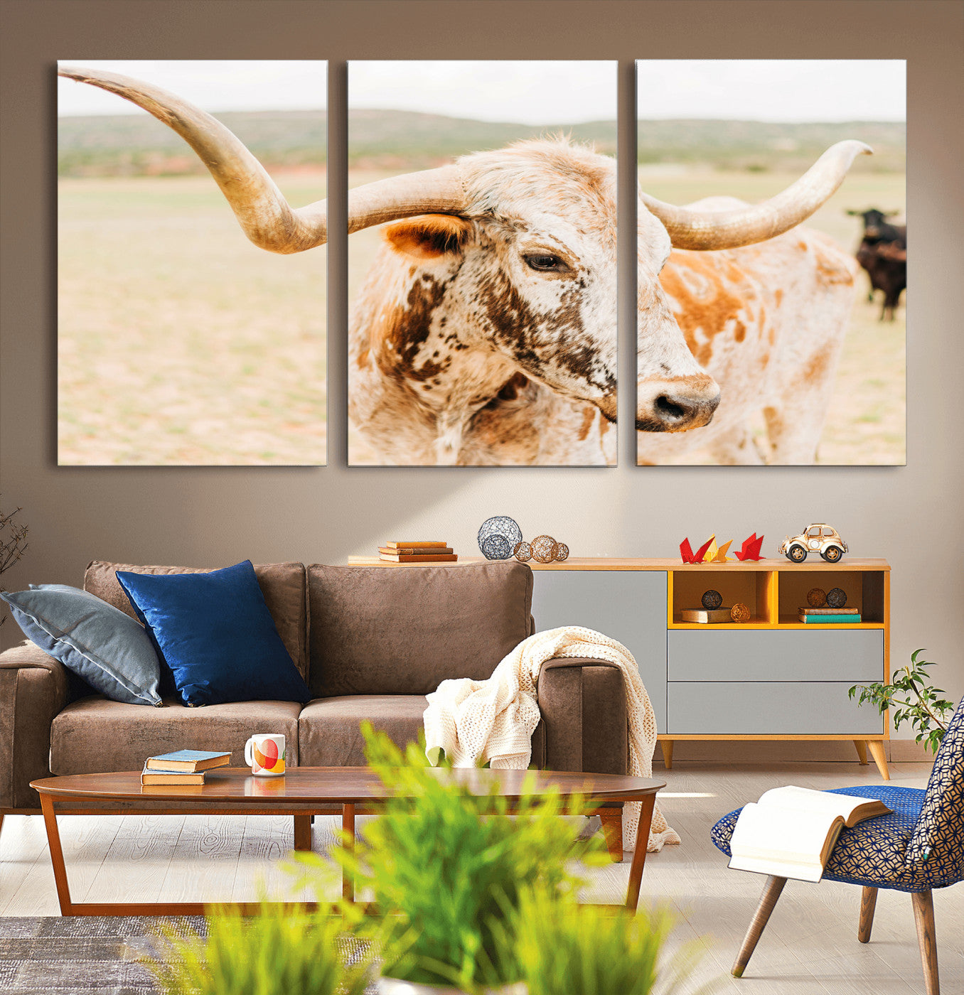 69501833-MGV-CV-60X30-3P-Texas Longhorn Wall Art Canvas Print – Framed Spotted Cow Rustic Bull Horned Cattle Western Artwork for Home, Office