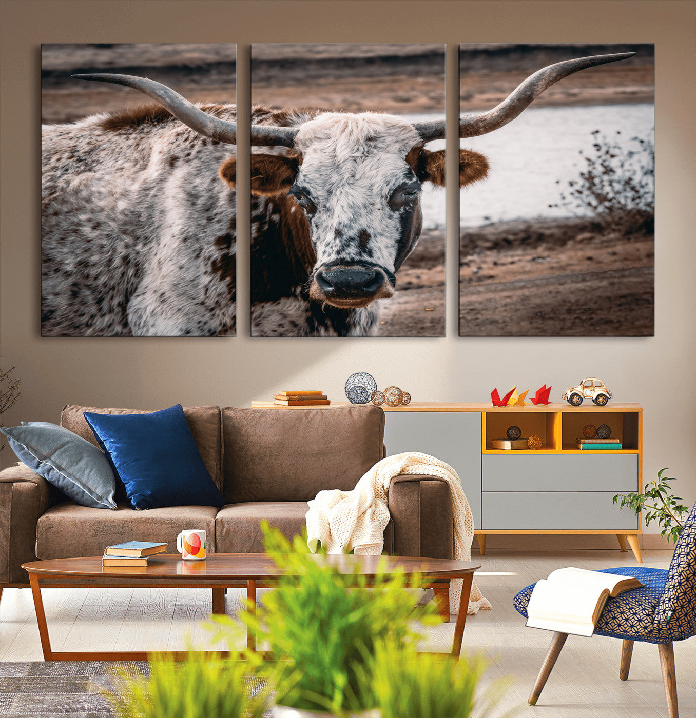 MGV-CV-60X30-3P - Texas Longhorn Wall Art Canvas Print, Framed Spotted Cow Art Picture Print, Horned Cattle Perfect Rustic Western Decor Artwork