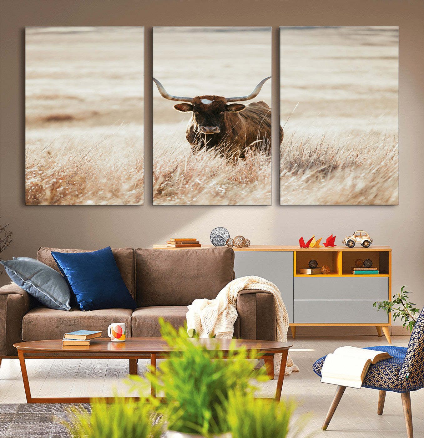 MGV-CV-60X30-3P - Texas Longhorn Wall Art Canvas Print, Framed Brown Cattle Art Picture Print, Horned Bull Perfect Rustic Western Decor Artwork