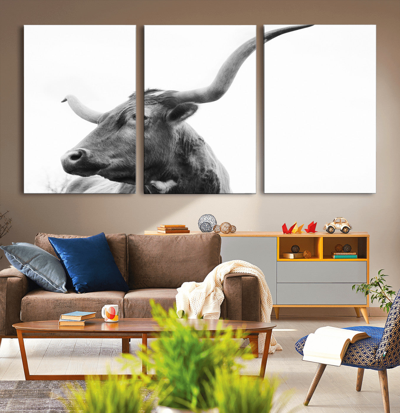 MGV-CV-60X30-3P - Longhorn Wall Art Wall Art Canvas Print, Framed Modern Ranch Style Art Art Picture Print, Monochrome Cow Print Perfect Rustic Western Decor Artwork