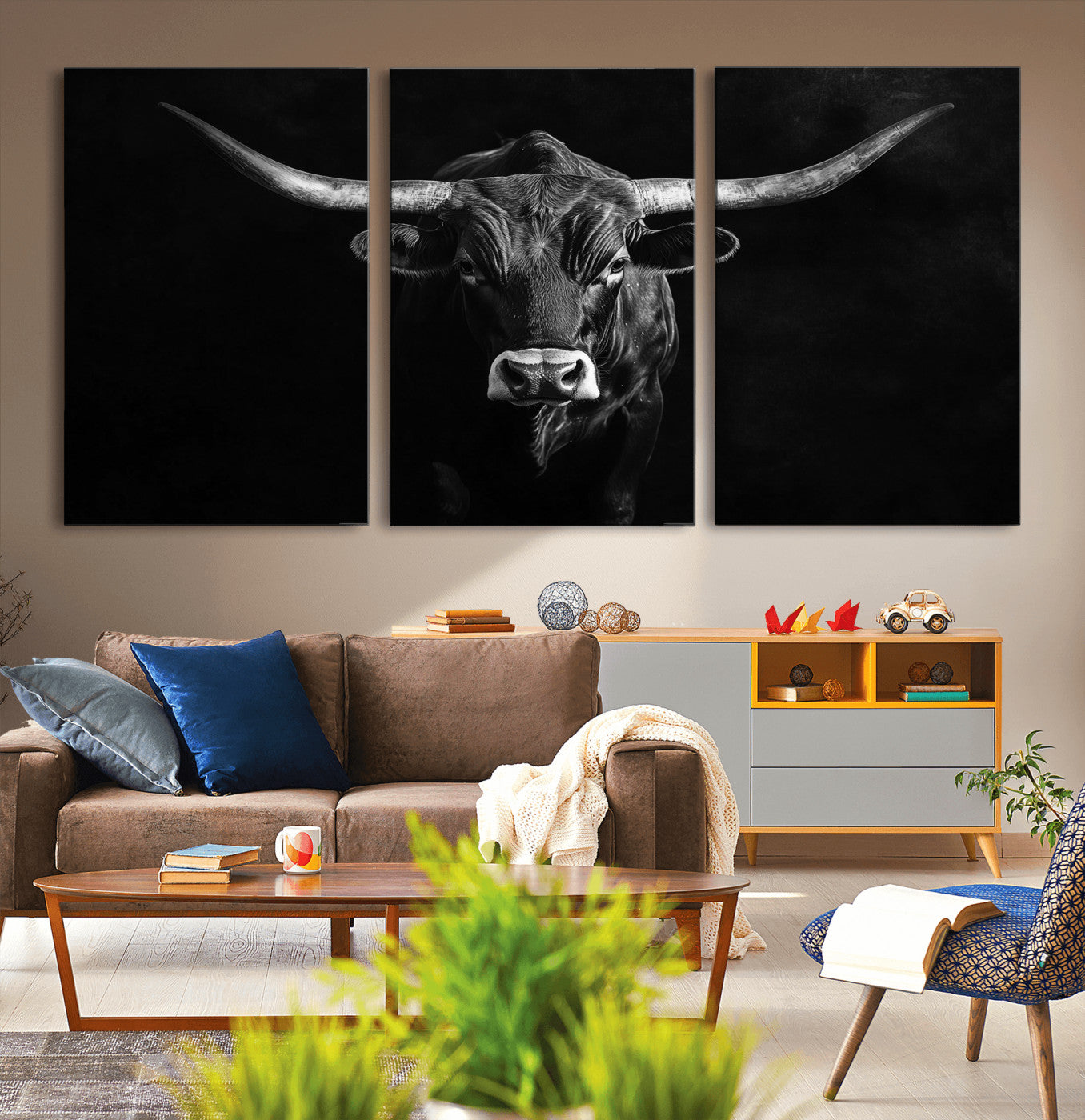 42077175-MGV-CV-60X30-3P-Texas Longhorn Wall Art Canvas Print – Framed Monochrome Horned Bull Rustic Western Cattle Artwork for Home, Office