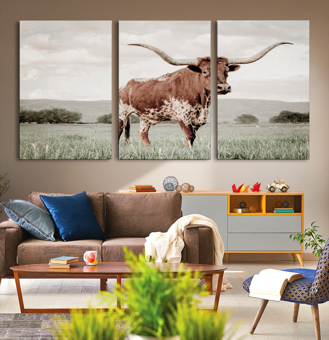 Texas Longhorn Wall Art Canvas Print, Framed Spotted Cattle Art Picture Print, Horned Bull Perfect Rustic Western Decor Artwork