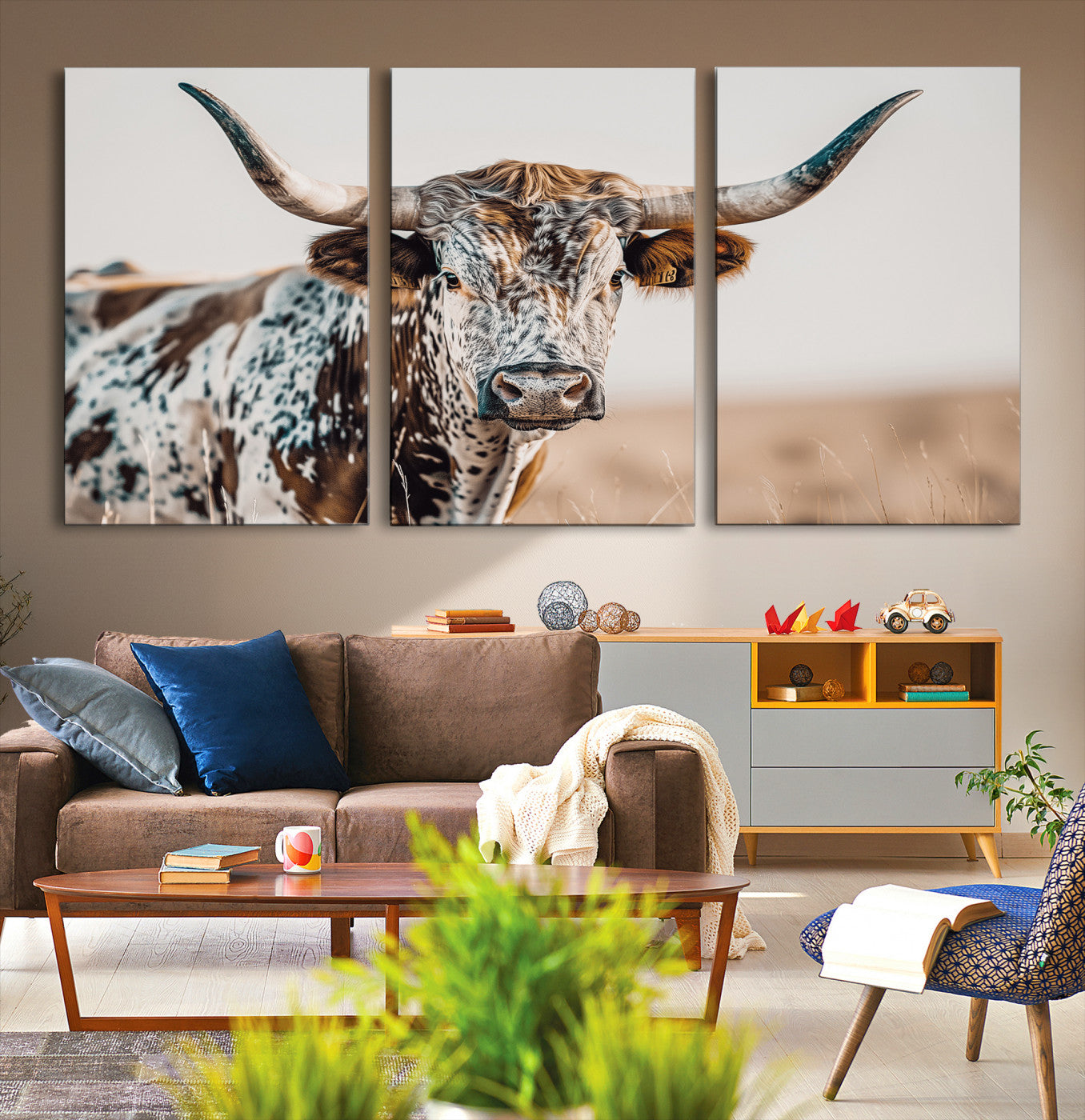 Canvas of a speckled Texas longhorn with wide curved horns and warm tones, perfect for rustic or country-style wall decor.