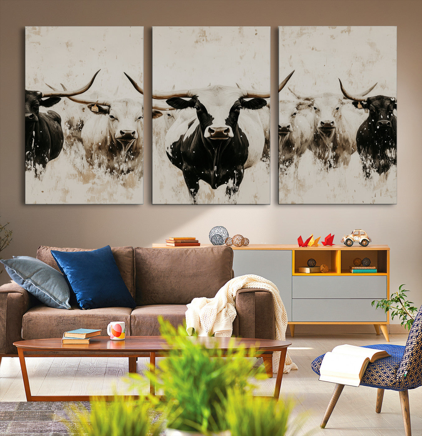 12027562-MGV-CV-36X24-Longhorn Cattle Wall Art Canvas Print – Framed Bison Herd Western Ranch Countryside Animal Landscape Artwork for Home Office