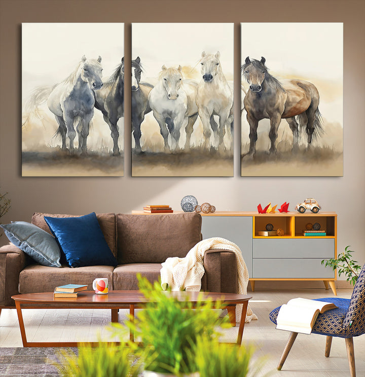 Wild Horses Wall Art Canvas Print, Framed Running Horses Art Picture Print, Watercolor Horses Perfect Rustic Western Decor