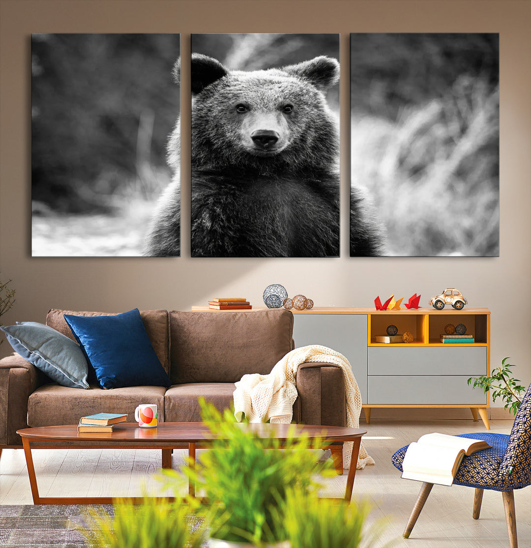 Grizzly Bear Wall Art Canvas Print, Framed Black White Bear Art Picture Print, Wild Bear Perfect Rustic Wildlife Decor